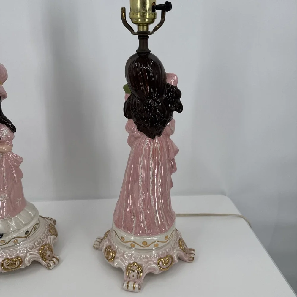 Vintage Pair Of Ceramic Handmade Holly Hobby Style Lamps 1974 Pink Prairie‎